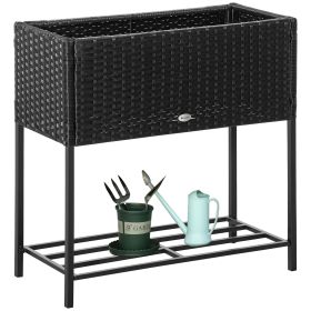 Elevated Metal Garden Bed with Rattan Look and Tool Storage, Modern Design, Black