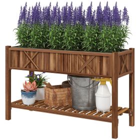 Raised Garden Bed, 47 x 22 x 31.5in Elevated Wood Planter Box with Storage Shelf, Drainage Holes and Liner, Carbonized