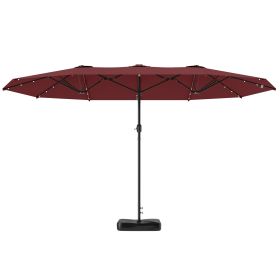 Garden Parasol 14.4ft Double-Sided Sun Umbrella with Base, Patio Parasol with LED Solar Lights, Wine Red