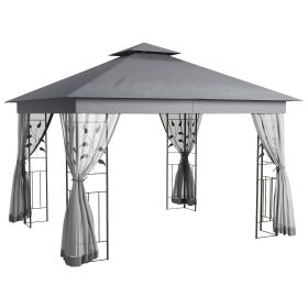 Gray Metal Double Roof Gazebo 10x12: Tree Motifs, Outdoor Canopy Shelter