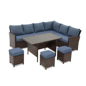 7 Piece Wicker Patio Dining Set 9-Seat Outdoor Sectional Blue Cushions Sofa with Ottomans & Dining Table Porch Backyard Garden