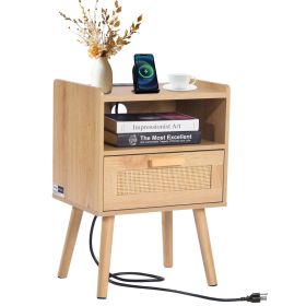 Rattan Nightstand, Boho Bedside Table with Drawer Open Shelf, Rattan End Table Wooden Nightstand with Solid Wood Legs