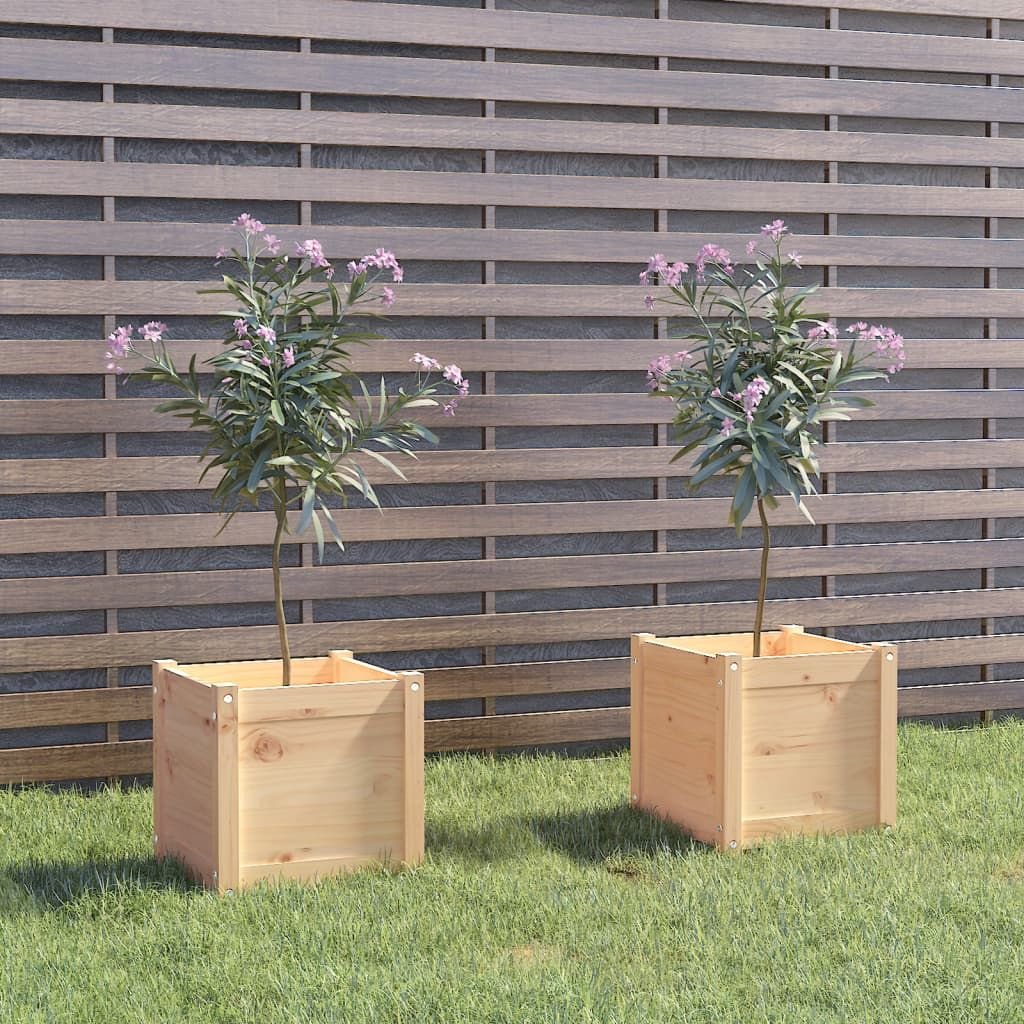 Planter Set of 2 Natural Wood Solid Pinewood Medium Planters