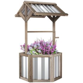 Wooden Wishing Well Planter, Raised Garden Bed with Galvanized Canopy, Hexagon Raised Flower Bed for Garden, Light Gray (Option: Light Gray-735x455x175 mm)