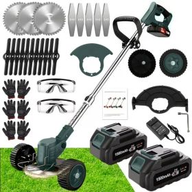 21V Electric Weed Eater With Wheels,Cordless Battery Weed Wacker With Charger, 2Batteries,3 In 1 Brush Cutter String Trimmer Grass Trimmer Lawn M (Option: Green)