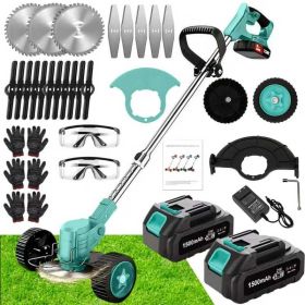 21V Electric Weed Eater With Wheels,Cordless Battery Weed Wacker With Charger, 2Batteries,3 In 1 Brush Cutter String Trimmer Grass Trimmer Lawn M (Option: Tiffany blue)