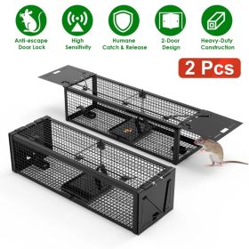 2Pack 15.35x4.72x3.94in 2-Door Humane Live Rat Trap Galvanized Iron Rodent Trap Cage Reusable For Home Garden Farm Warehouse (Option: Black-2pcs)