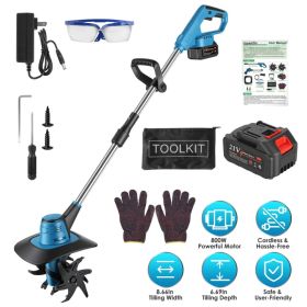 800W 21V Cordless Tiller Cultivator 3.0Ah Battery Powered Tiller With 8.66' Width 6.69' Depth Manganese Steel Tines For Soil Cultivation Weeding (Option: Blue)