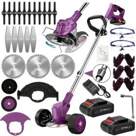 21V Electric Weed Eater With Wheels,Cordless Battery Weed Wacker With Charger, 2Batteries,3 In 1 Brush Cutter String Trimmer Grass Trimmer Lawn M (Option: Purple)