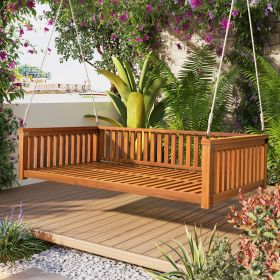 Patio Minimalist Twin Size Garden Swing Bed Wood Porch Swing with Ropes for Backyard, Safe Sloped Design (Color: Teak, Material: Acacia Wood)