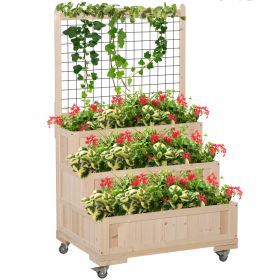 3-Tiers Raised Garden Bed with Trellis, 53" H Vertical Planter Box with Wheels & Back Storage Area, for Flowers, Vegetables, Herbs, Natural (Option: Natural Wood-855x650x165 mm)