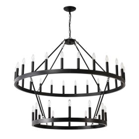 2 Tiers Wagon Wheel Chandelier Wooden Farmhouse 36-Light Black Metal Chandeliers 2-Story Light Fixtures Industrial For High Ceiling Living Dining (Option: Matte Black)