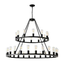 48 Inch Black Extra Large Wagon Wheel Chandelier, 2 Tier 36-Lights No Include Farmhouse Industrial Round High Ceiling Pendant Light Adjustable Ch (Option: Matte Black)